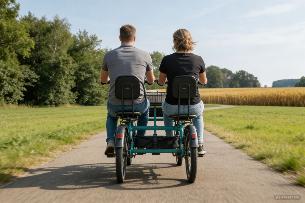 Cykeltur i naturen med borger og pædagog i HabitusHuset Rønnebærkæret - Ai genereret. 